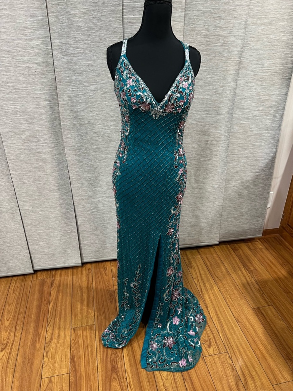 Prom Dress Teal Beaded V-Neck Evening Gown- Primavera Couture Style #3405 - Picture 3 of 7